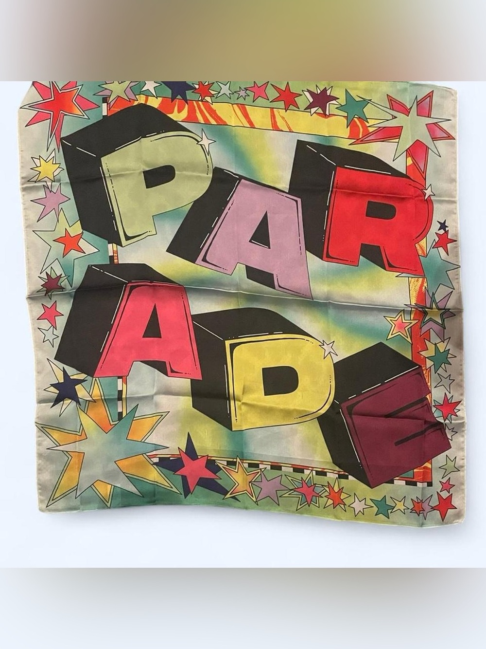 Multicolor 'PARADE' Graphic Silk Scarf - Bold Star Lettering